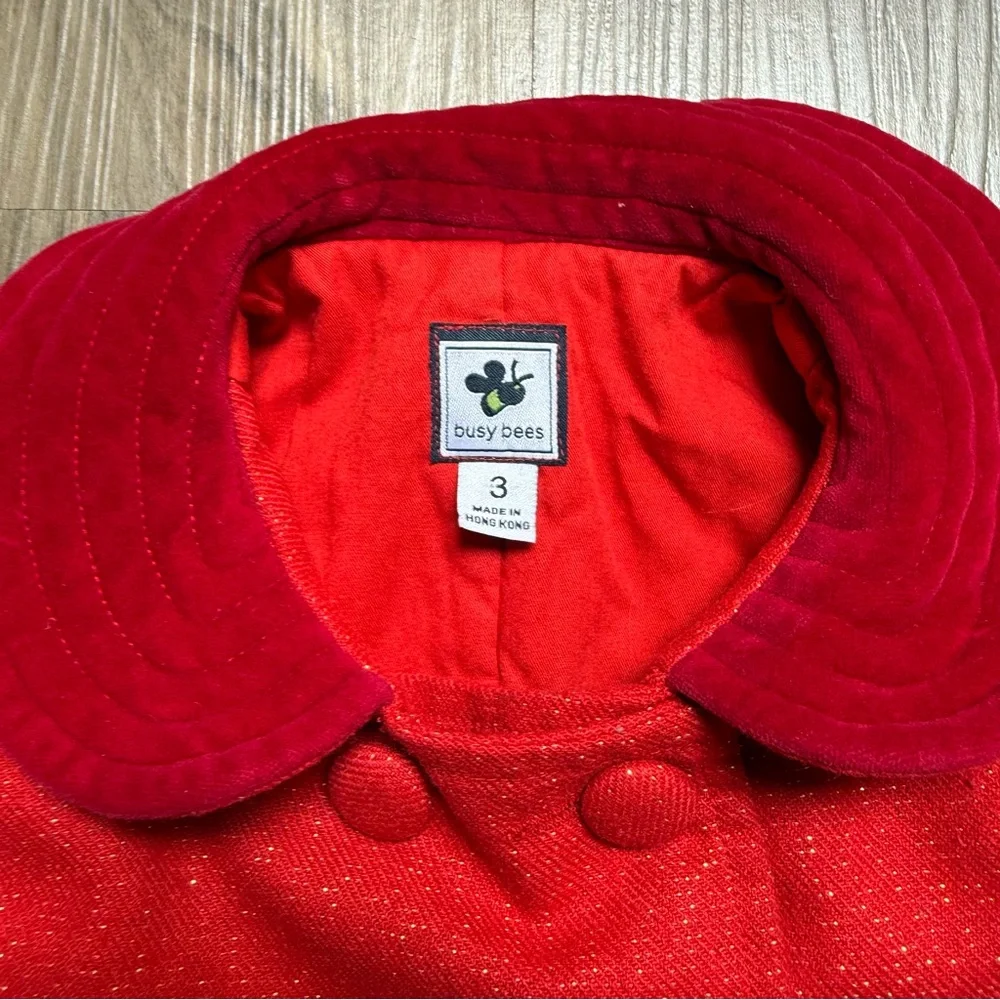 Busy Bees Kids Red Double Breasted Dress Coat Red Velvet‎ Trim Toddler Girl 3T